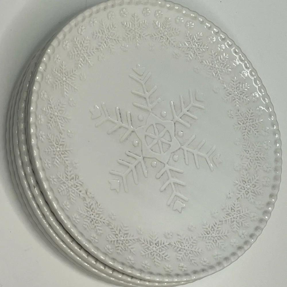 Pier 1 Snowflake Embossed Stoneware Dinner Plates Set of 6 Beige 10” Retired HTF - Picture 6 of 7